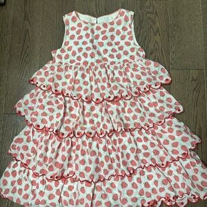Mini Boden White & Pink Strawberry Ruffle Tiered Dress size 6/7